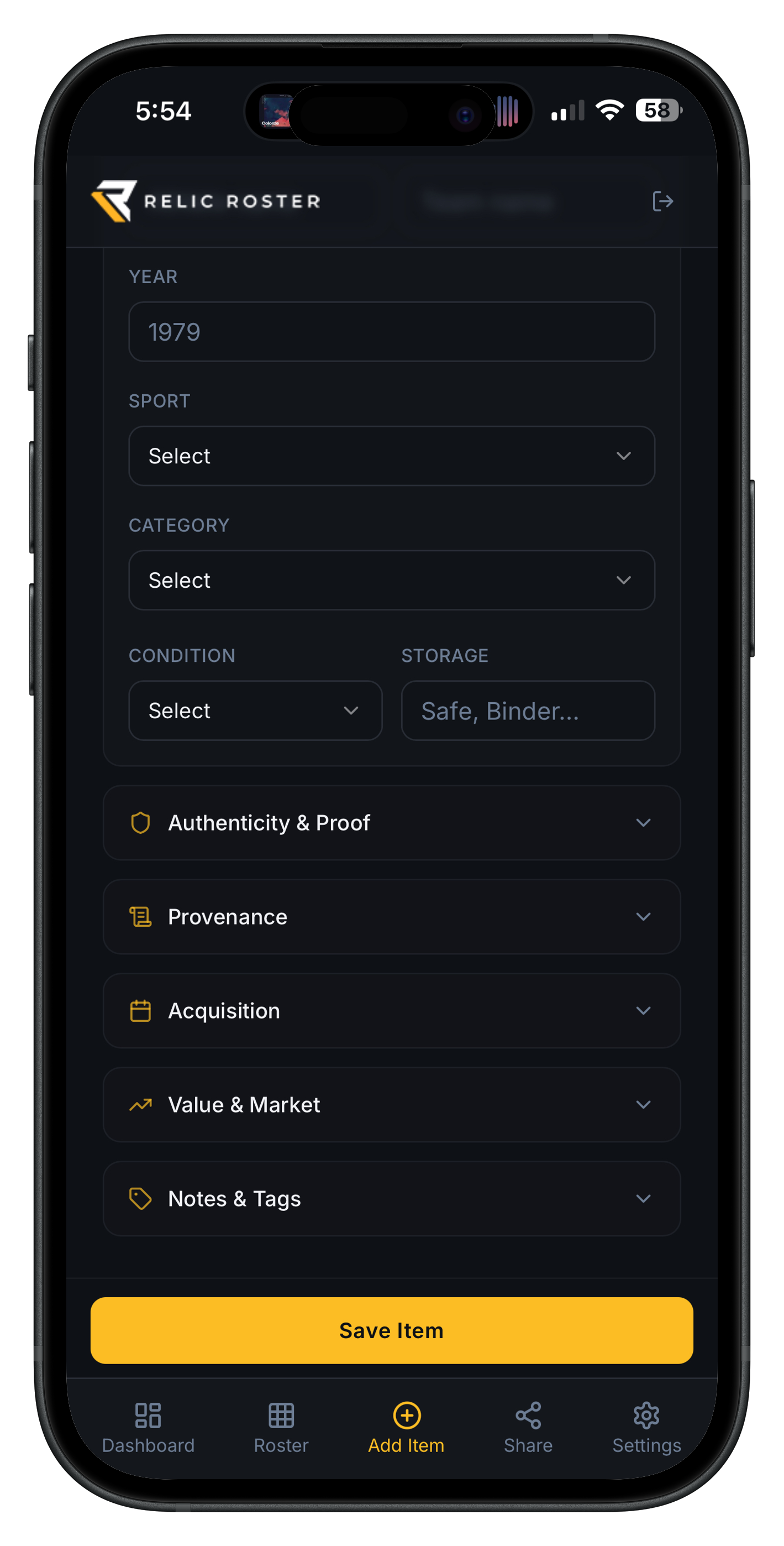 Relic Roster add item screen showing authenticity, provenance, and acquisition fields