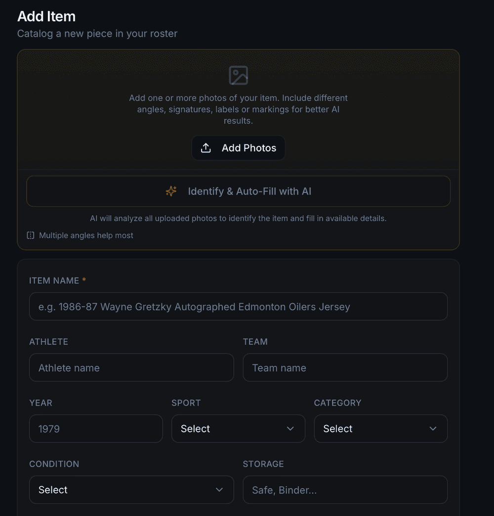 The Relic Roster Add Item screen: an area to add one or more photos, an Identify & Auto-Fill with AI button, and item detail fields the scanner populates