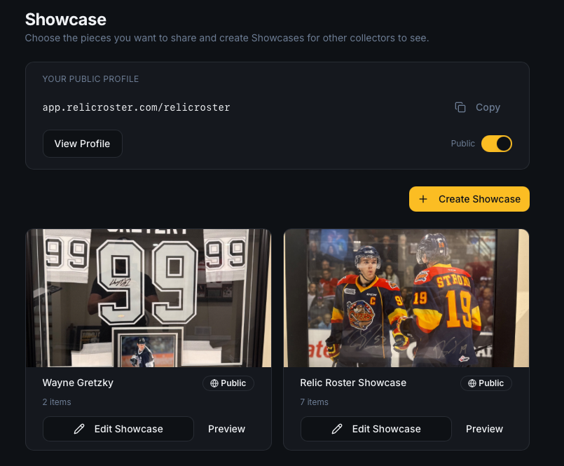 The Relic Roster Showcase screen with a public profile link (app.relicroster.com/relicroster) and two public showcases of signed hockey memorabilia