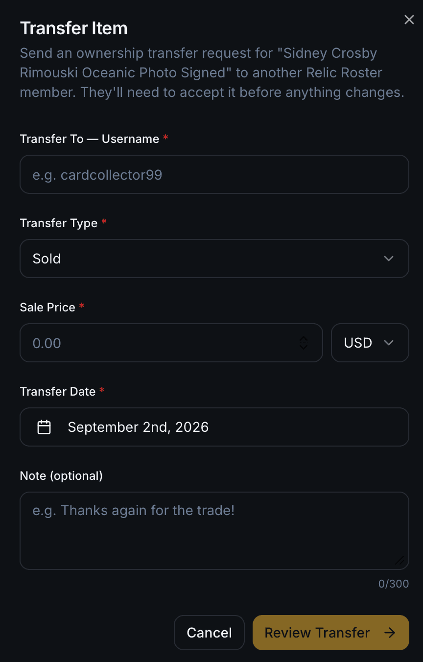 The Relic Roster Transfer Item dialog with fields for recipient username, transfer type set to Sold, sale price, transfer date, and an optional note
