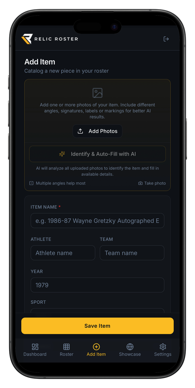 The Relic Roster Add Item screen on a phone, with a photo area, an Identify & Auto-Fill with AI button, item detail fields, and a Save Item button