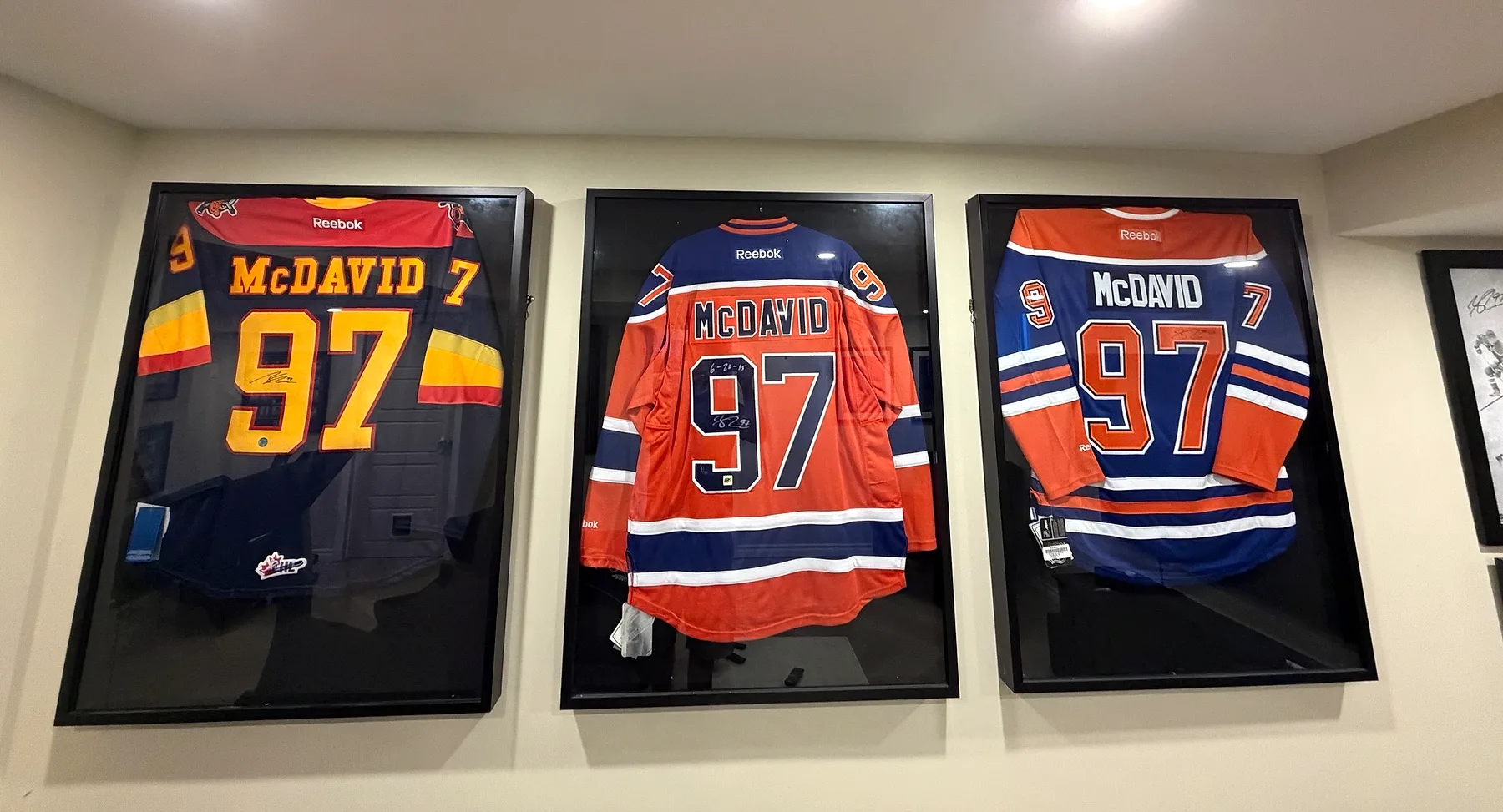 Framed signed hockey jerseys in the Relic Roster founder's collection