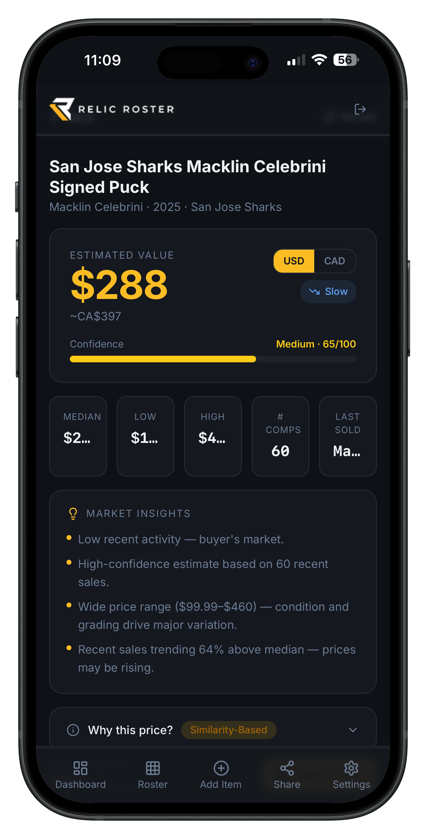 Relic Roster market value pricing screen showing estimated value and market insights