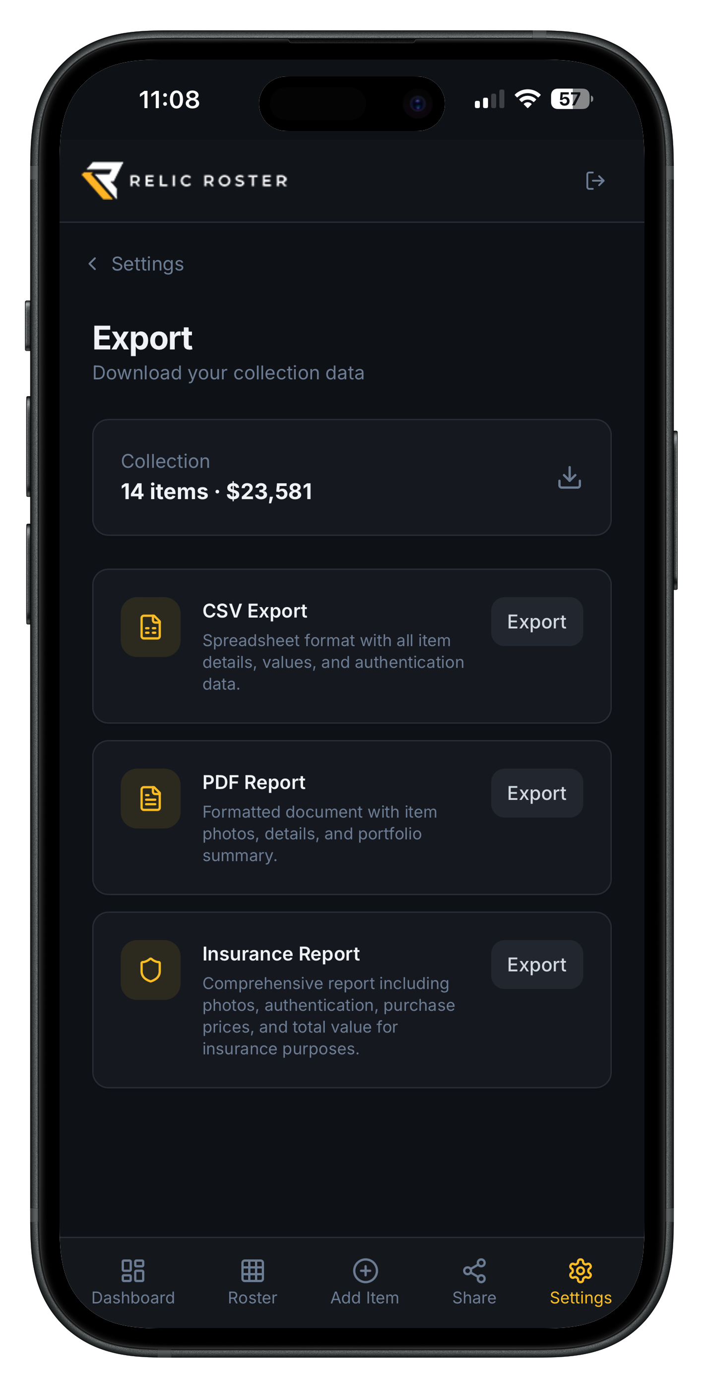 Relic Roster export screen showing CSV, PDF, and insurance report options