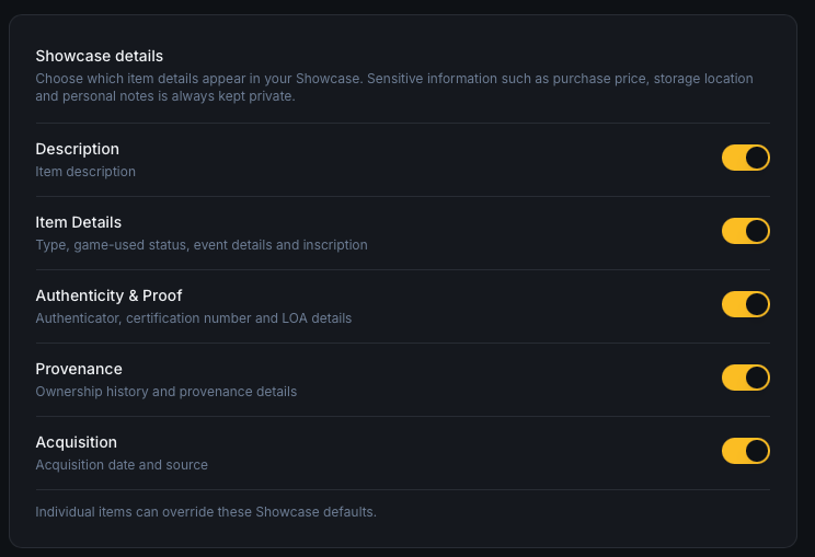 A Showcase details settings panel with toggles for Description, Item Details, Authenticity & Proof, Provenance, and Acquisition, noting that sensitive information stays private