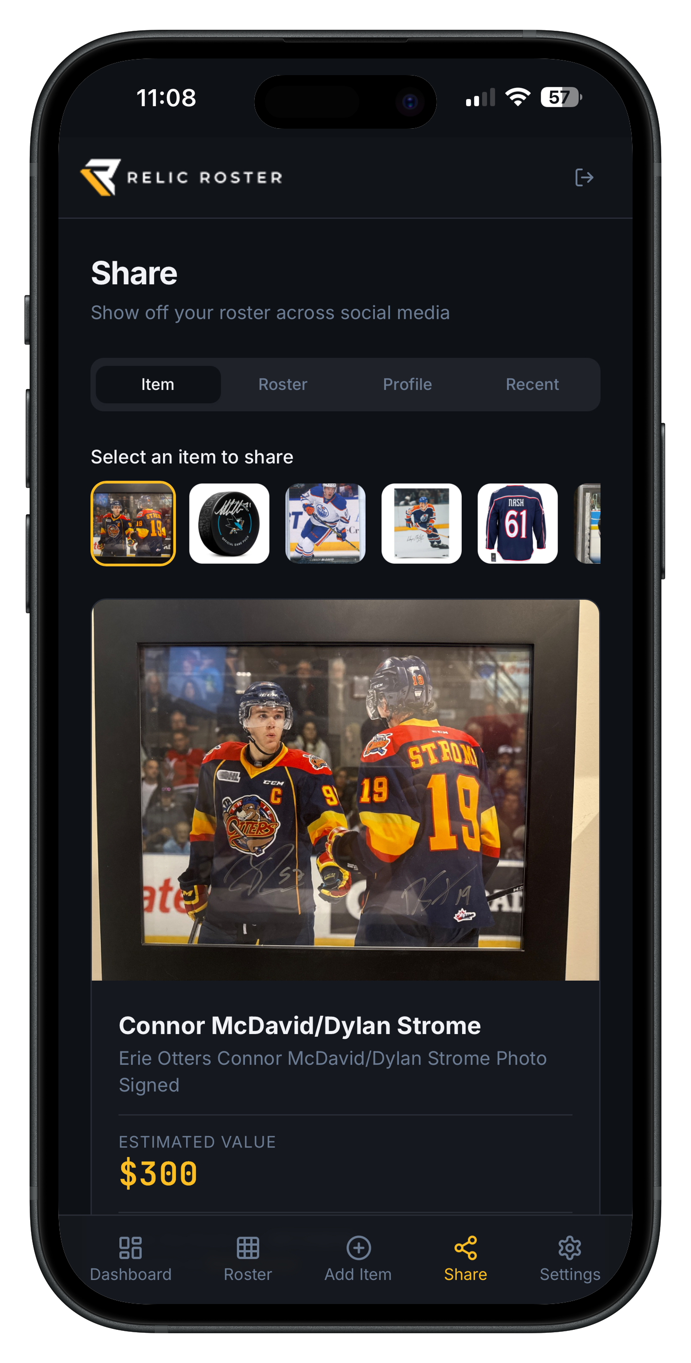 Relic Roster share screen showing a Connor McDavid signed photo with estimated value